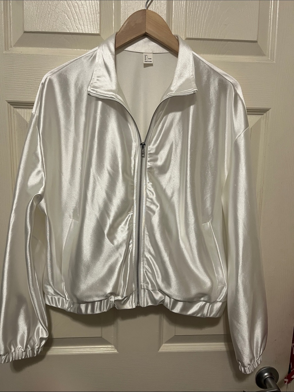 Amazon White Satin Zip-Front Bomber Jacket
